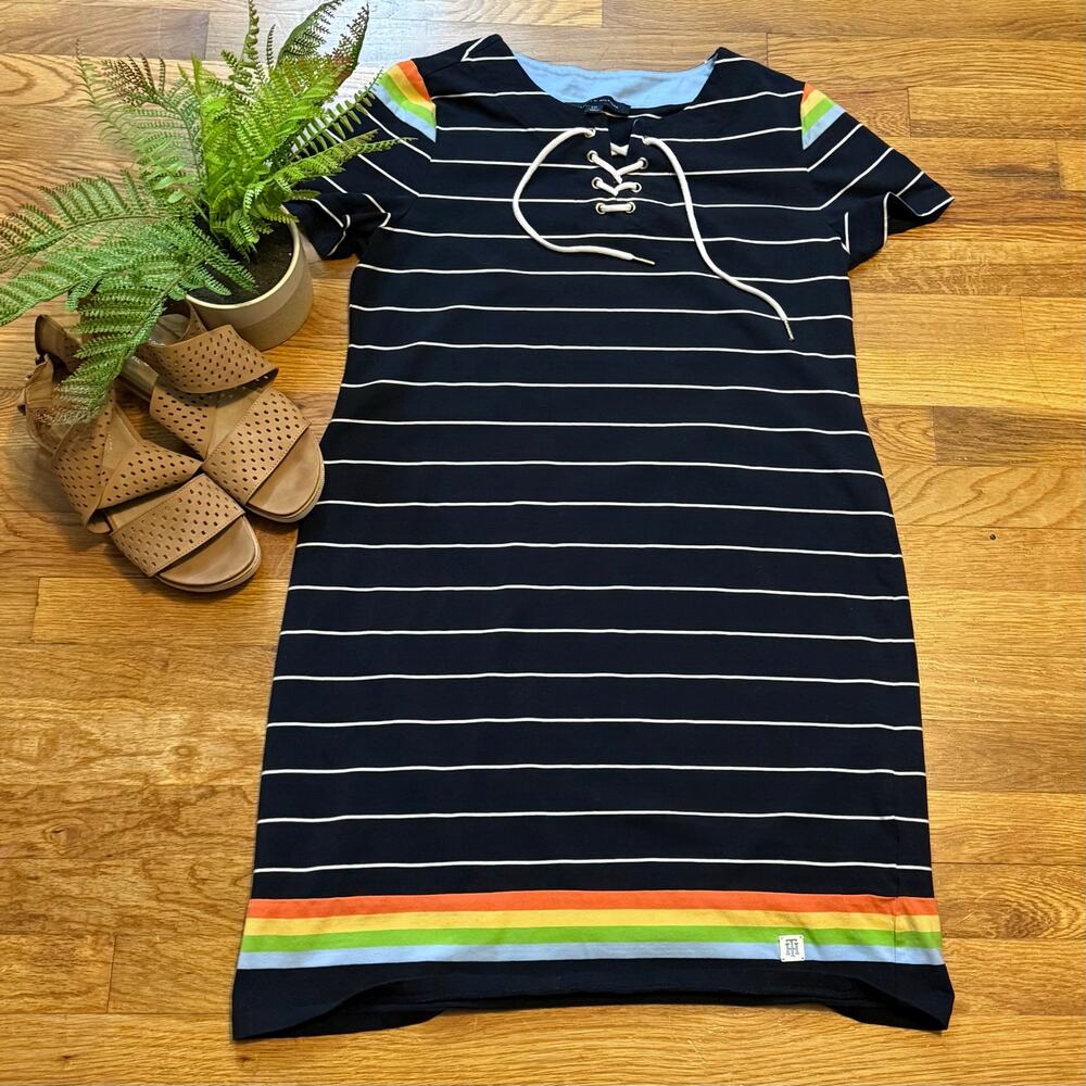 Tommy Hilfiger Women’s Large Navy Blue Striped Rainbow Tie Nautical Cotton Dress